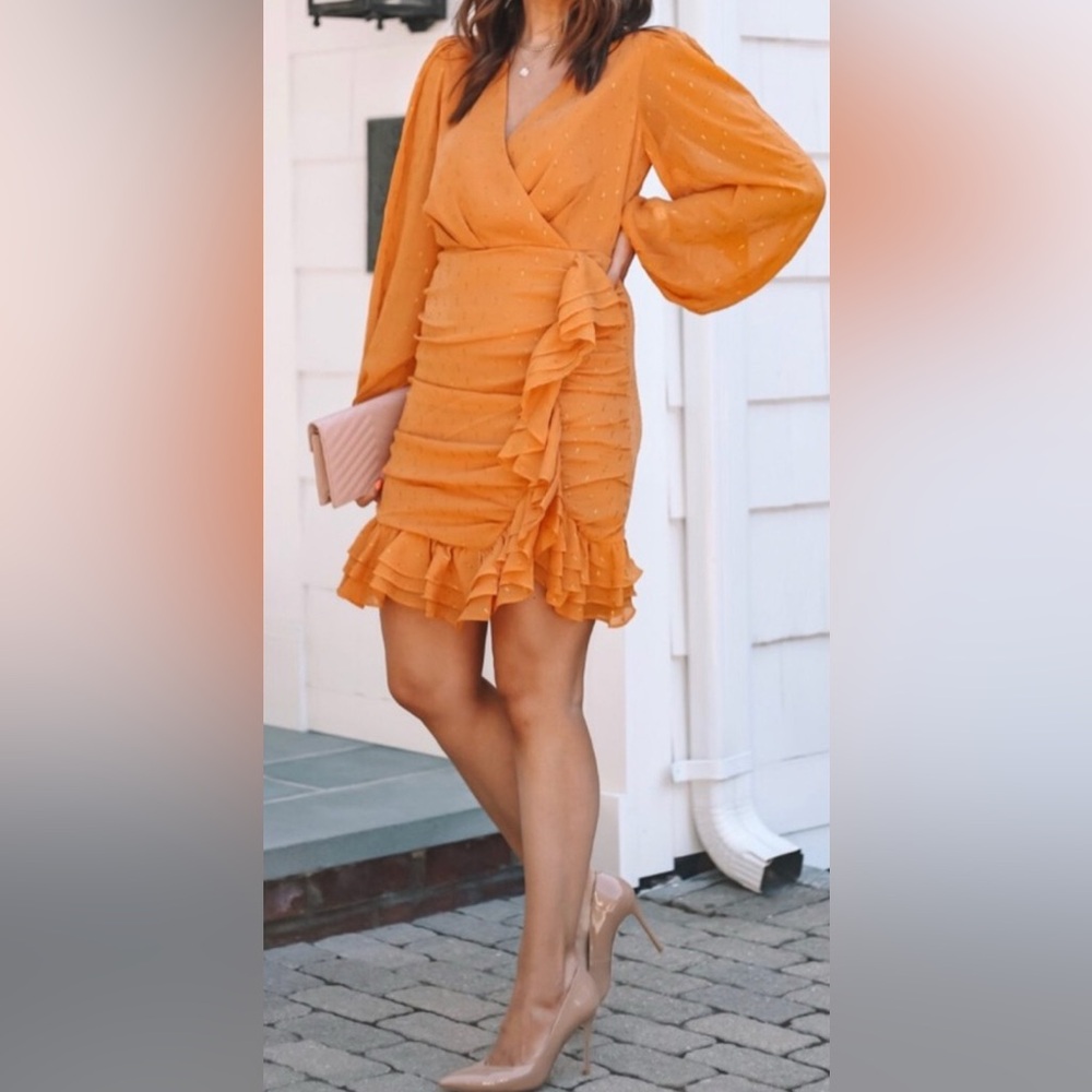 Express Chiffon Ruffle Shimmer Vibrant Orange Dress Cocktail Salsa Night Out